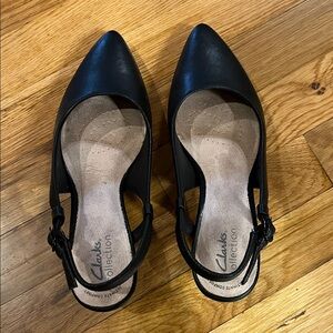 Clarks Black Leather Pointed Toe Slingback Heels